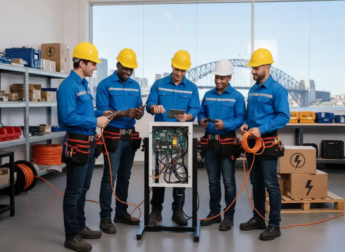 ev charger installation sydney: five technicians in blue work shirts and hard hats beside a charger unit on a stand in a workshop