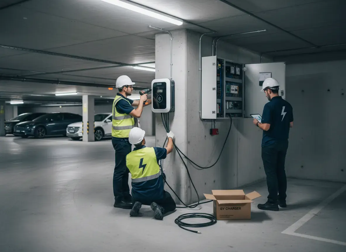 ev charger installation sydney: technicians fitting a wall charger and switchboard on a concrete column in an underground car park