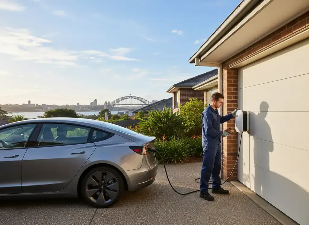 ev charger installation sydney: technician in blue overalls fitting a wall charger beside a brick garage and a grey car
