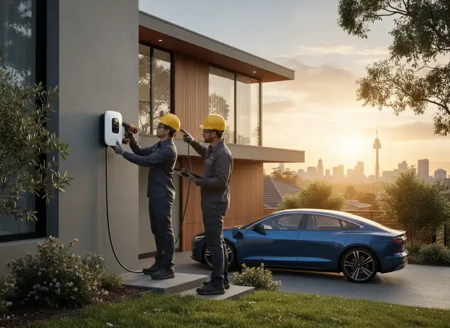 ev charger installation sydney: two technicians in hard hats mounting a wall charger on a modern house beside a blue car