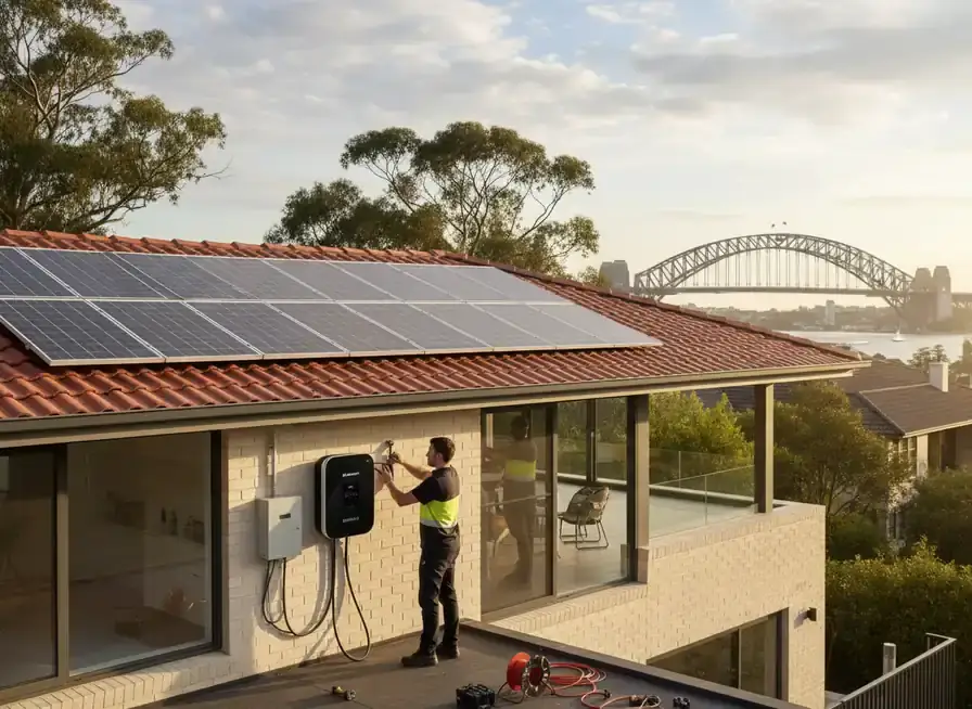 ev charger installation sydney: technician mounting a wall charger below rooftop solar panels on a tiled-roof house