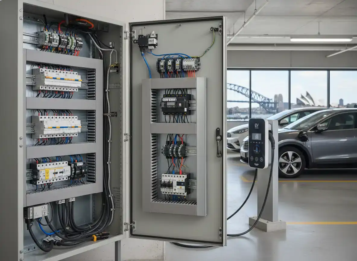 ev charger installation sydney: open grey switchboard cabinets with breakers and wiring beside a wall charger in a car park