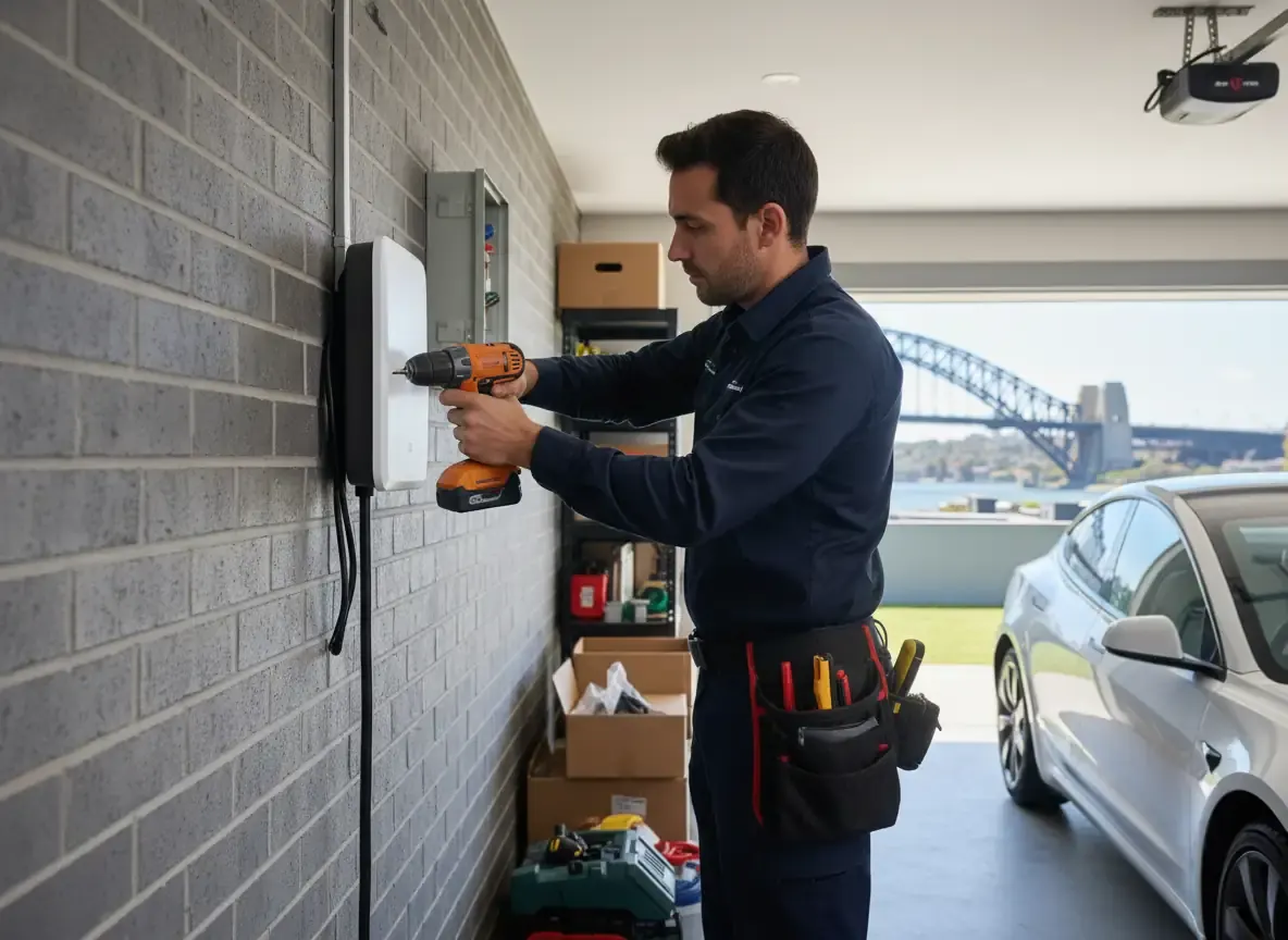 ev charger installation sydney: technician in navy shirt drilling a wall-mounted charger onto a grey brick wall in a garage