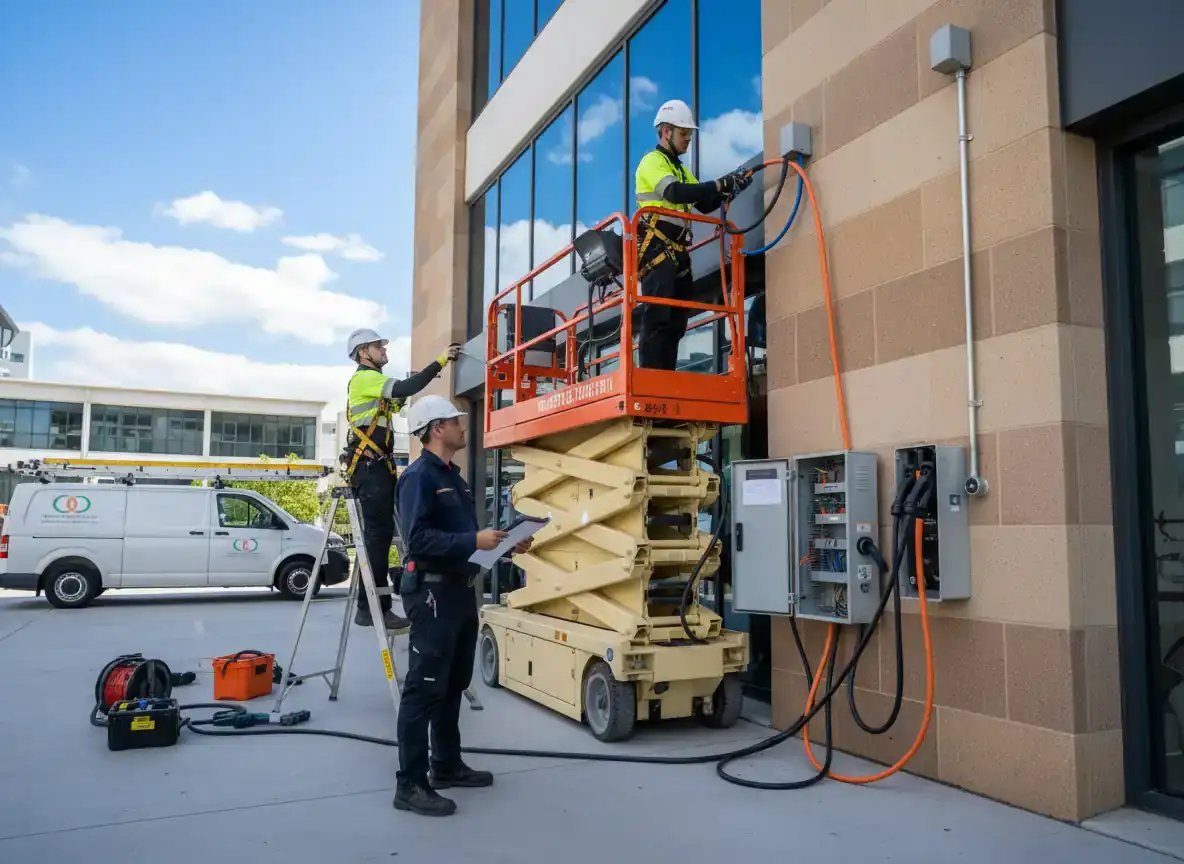 ev charger installation sydney: two technicians on a scissor lift and one on the ground fitting charger cabling to a building wall